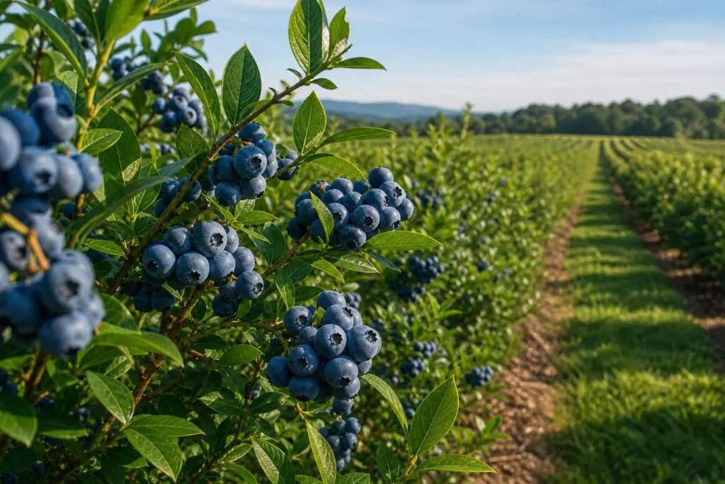 Ripe blueberries on bushes beside field rows, an AI-generated illustration.