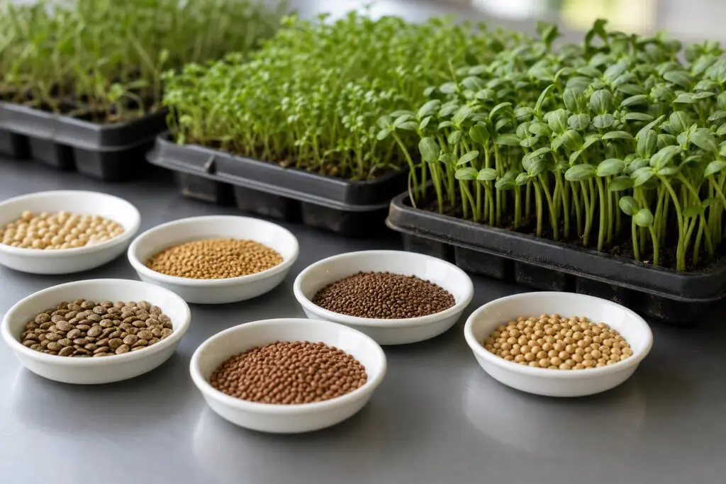 Seed samples and young seedlings on a workbench, an AI-generated illustration.