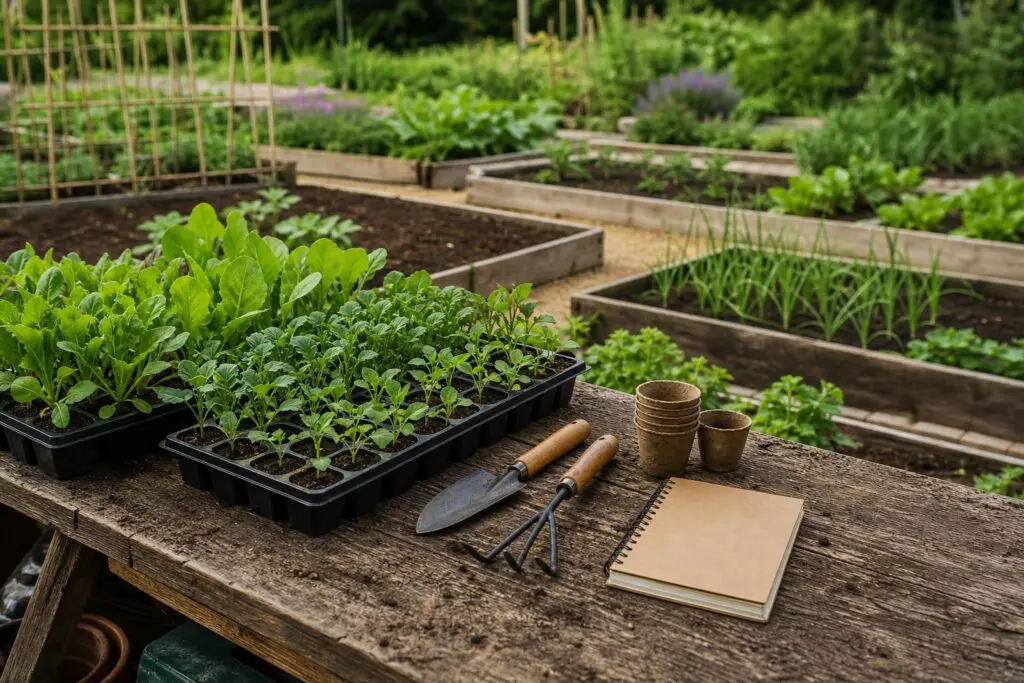 Seedling trays and garden tools beside growing beds, an AI-generated illustration.