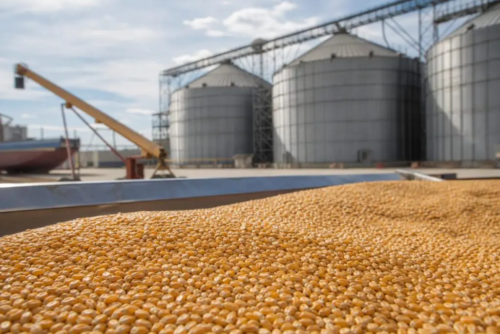 Grain kernels with storage silos in the background, an AI-generated illustration.