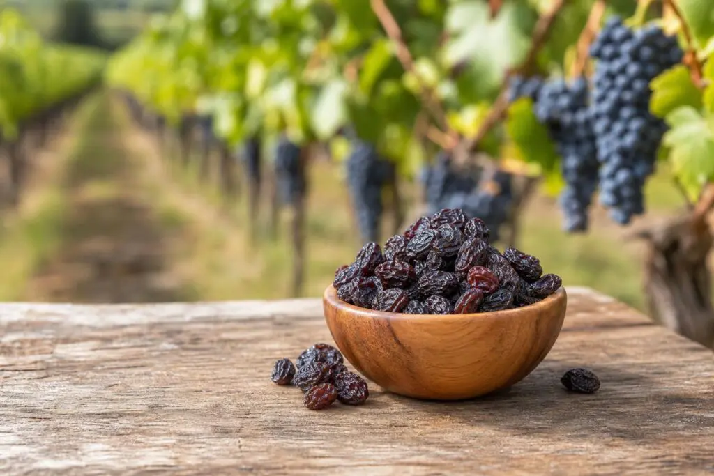 A bowl of raisins with vineyard rows behind it, an AI-generated illustration.