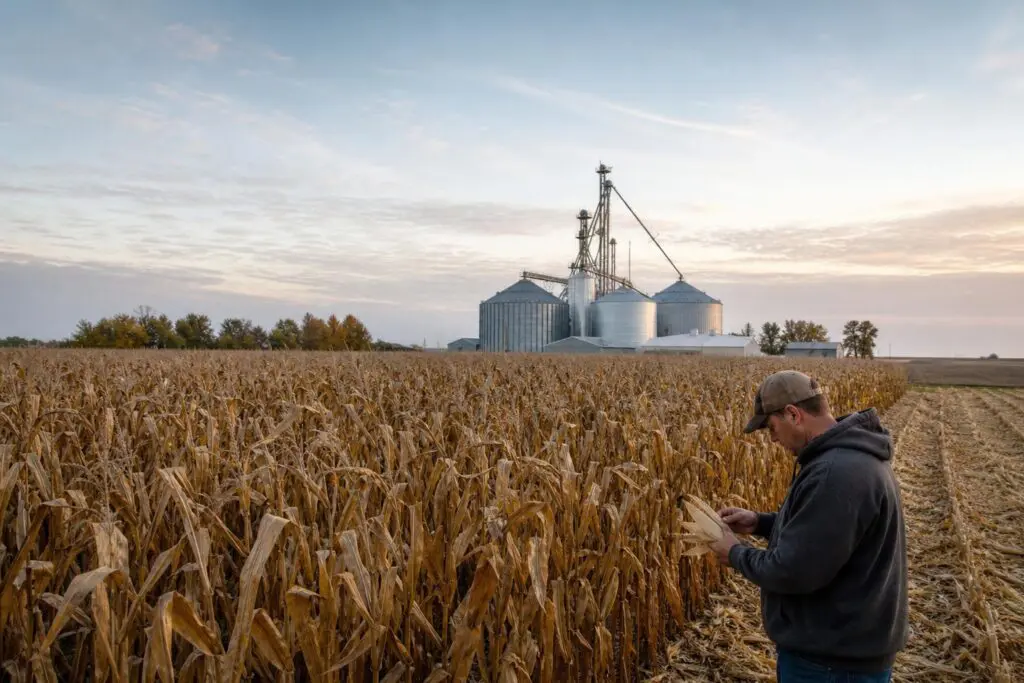 Midwest farm landscape with mature cornfields and grain storage facilities during harvest in autumn 2026.