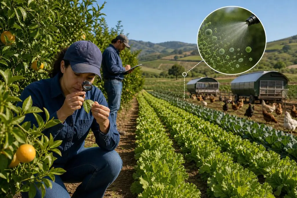 Technician inspecting citrus trees for scale pests with vegetable field and mobile chicken coops nearby, illustrating integrated sustainable farming.
