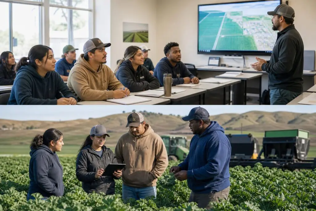 Apprentices learning agritech in classroom and orchard