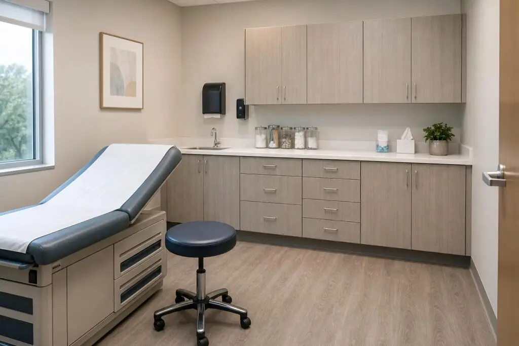 Generic outpatient examination room with an examination table and medical cabinets.