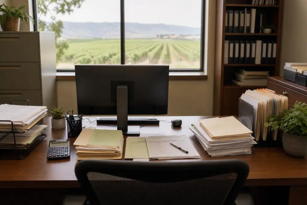 Paper files and a calculator on an office desk.