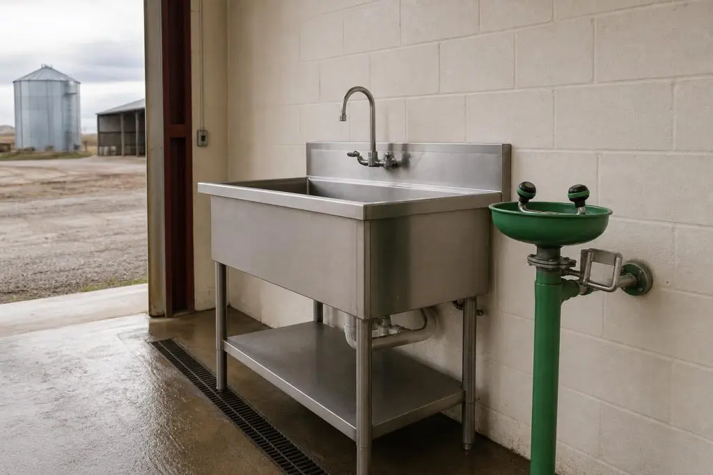 Generic eyewash station beside a utility sink in an agricultural workplace.