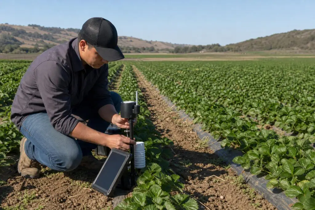 Generic agricultural technology equipment being checked beside crop rows.
