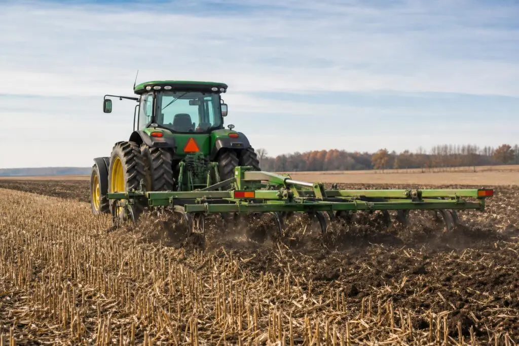 Tractor pulling a tillage implement across a harvested grain field.