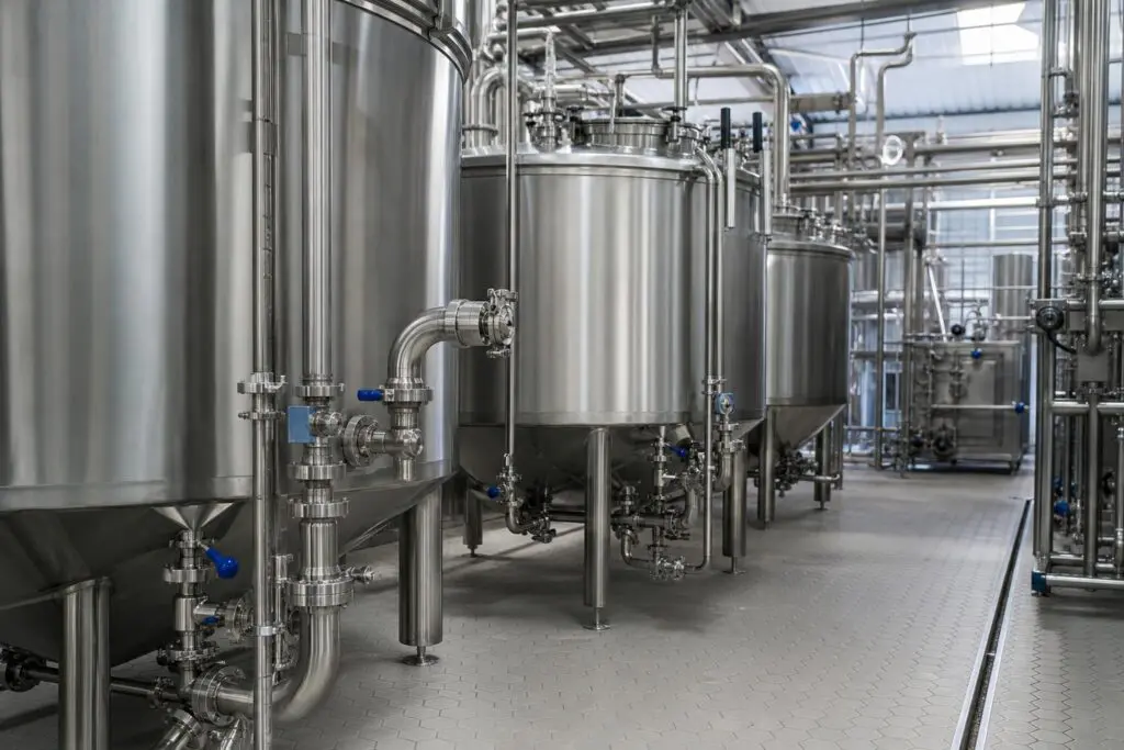 Stainless steel tanks and piping inside a generic milk processing facility.
