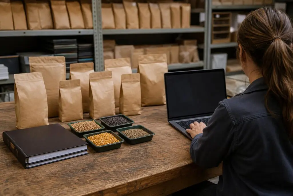 Seed samples and recordkeeping materials on a warehouse workbench.
