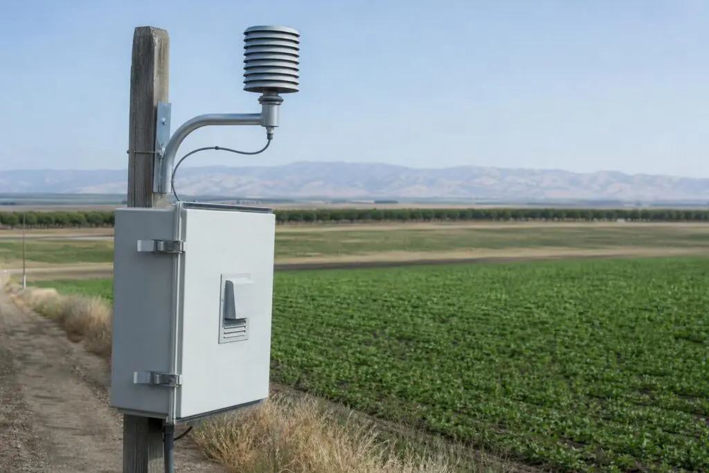 Generic air-sampling equipment beside an agricultural field.