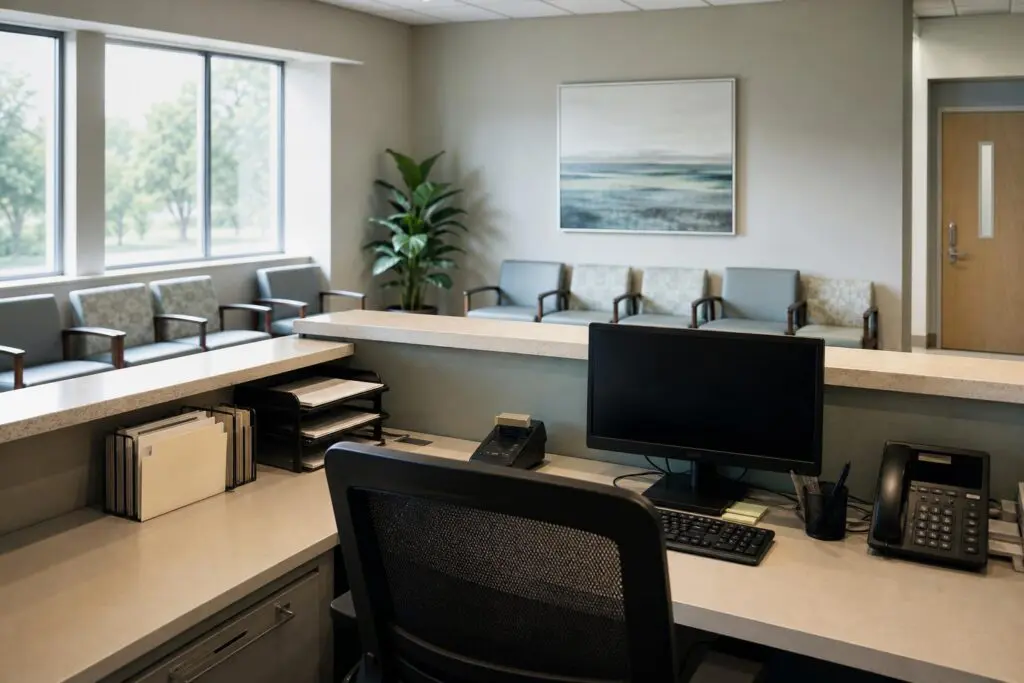 Generic medical office reception area with an empty check-in counter.