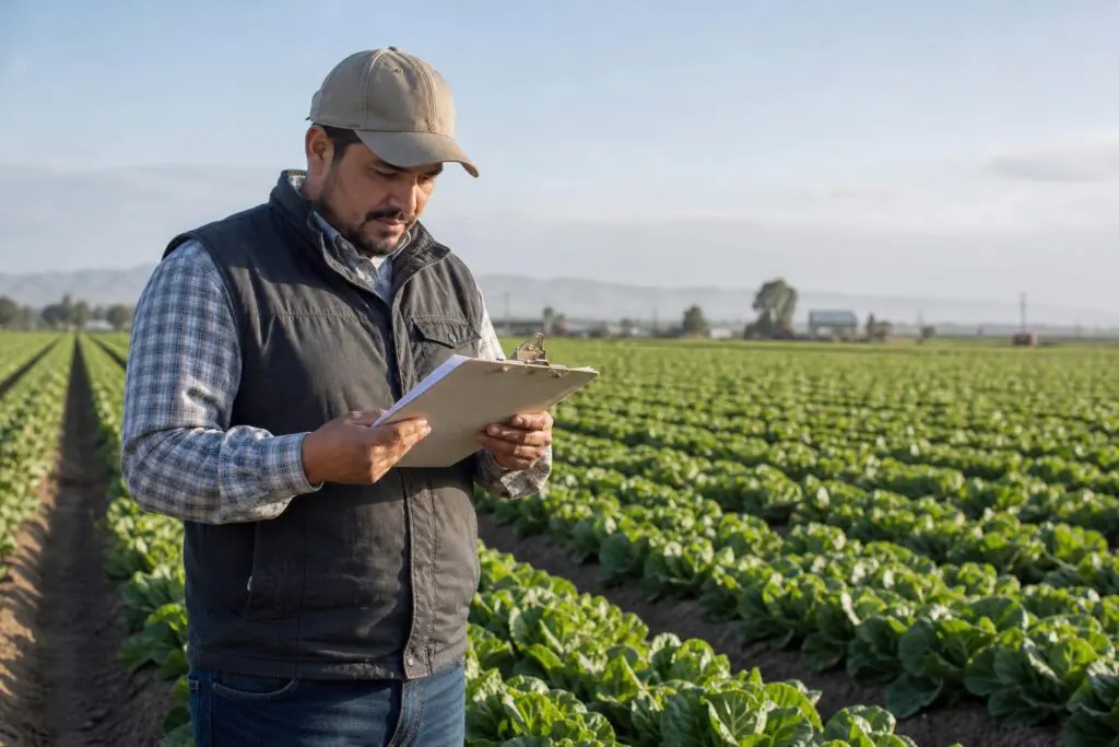Farmer reviewing paperwork beside vegetable rows.