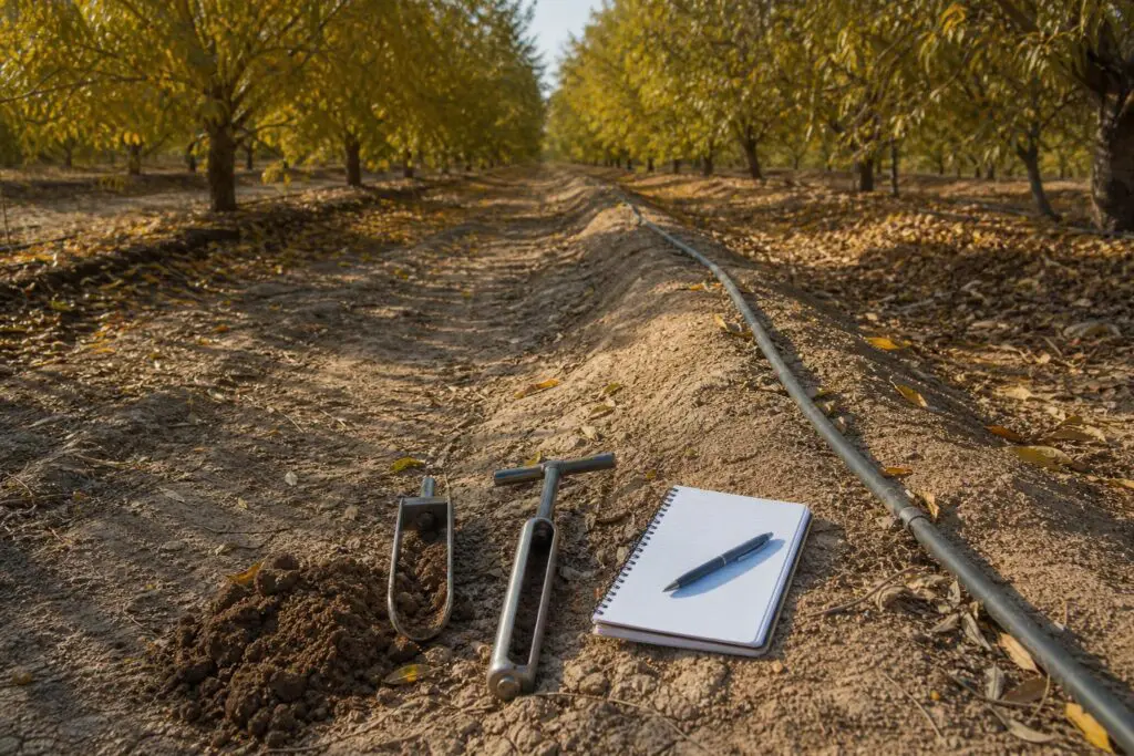 Drip irrigation tubing and soil sampling equipment in an autumn nut orchard.