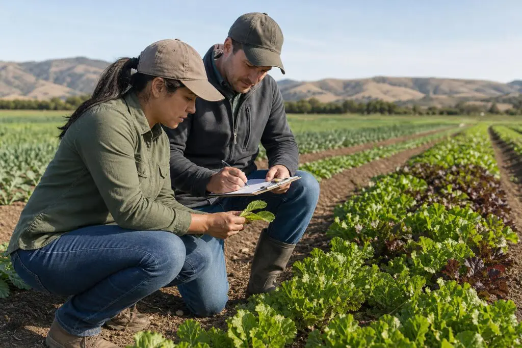 Two agricultural professionals examine vegetable plants and field notes.