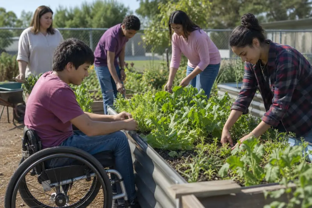 Students, including a wheelchair user, tend plants in a generic accessible school garden.