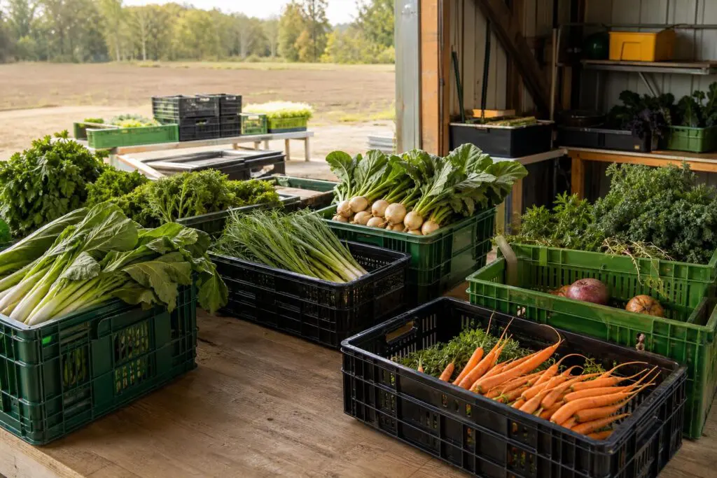 Crates of fresh vegetables arranged in a regional food distribution workspace.