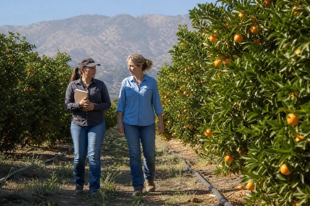 Two women agricultural professionals walking through a citrus orchard.