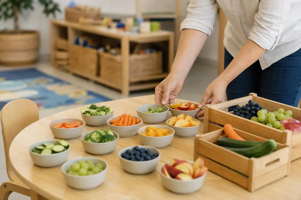 Small servings of fresh fruits and vegetables arranged for a childcare tasting activity.