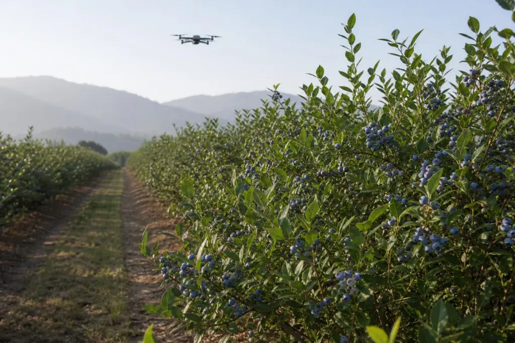 Generic illustration of a small drone above blueberry rows in morning light.