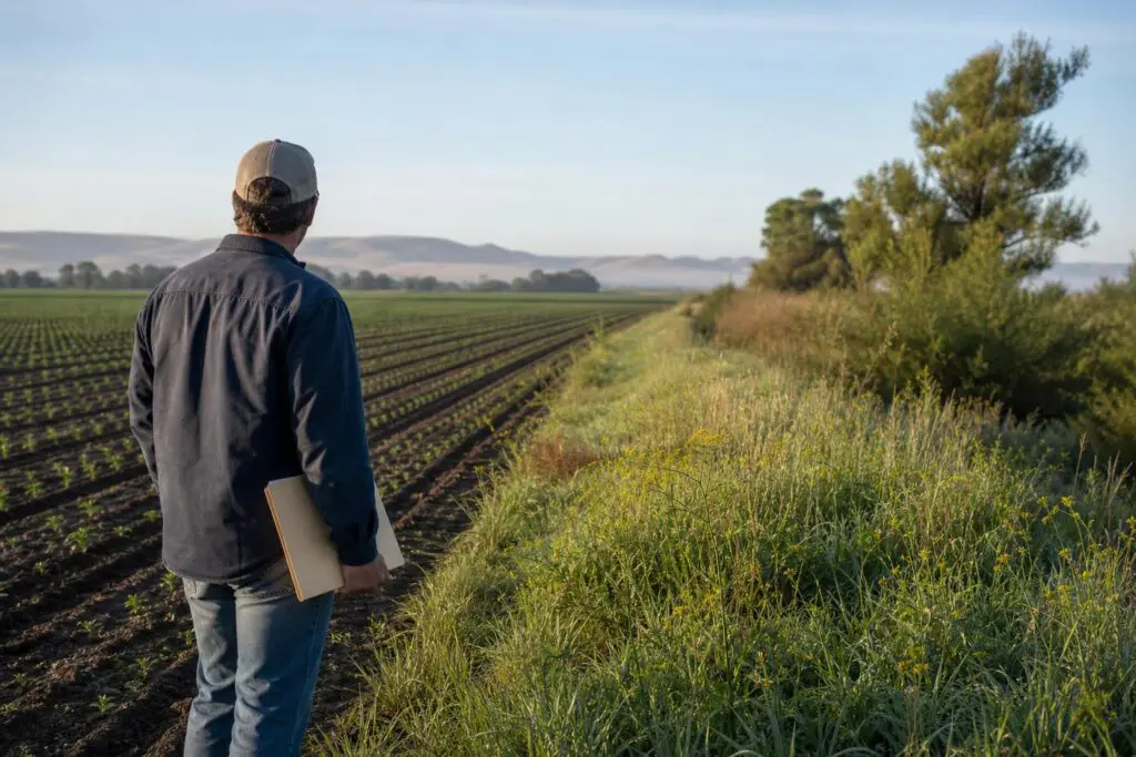 Farmer holding a folder beside a cultivated field and vegetated field margin.