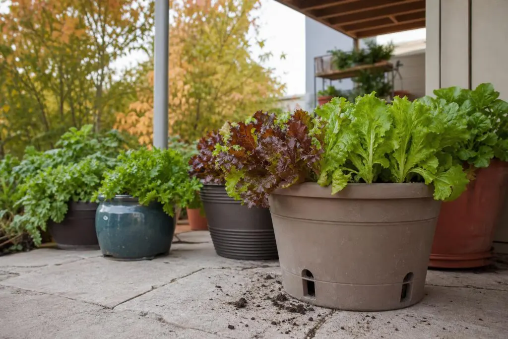 Leaf lettuce growing in patio containers, including pots beneath an overhang.