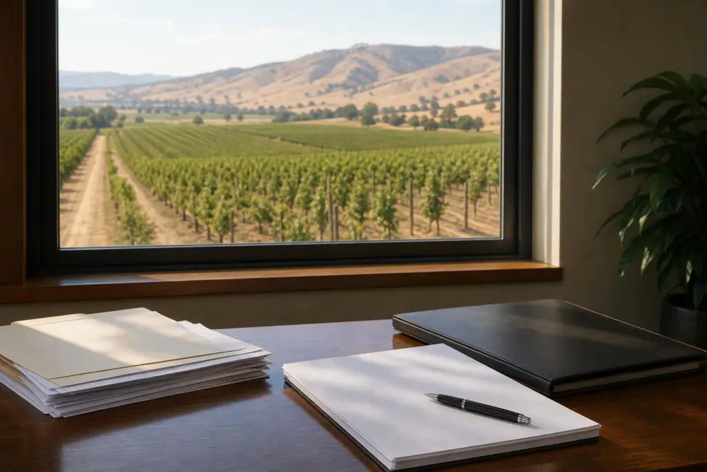 Unmarked paperwork and a pen on an office desk overlooking farmland.
